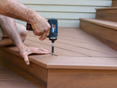 This image shows a man using a power drill to install a new deck for a home.